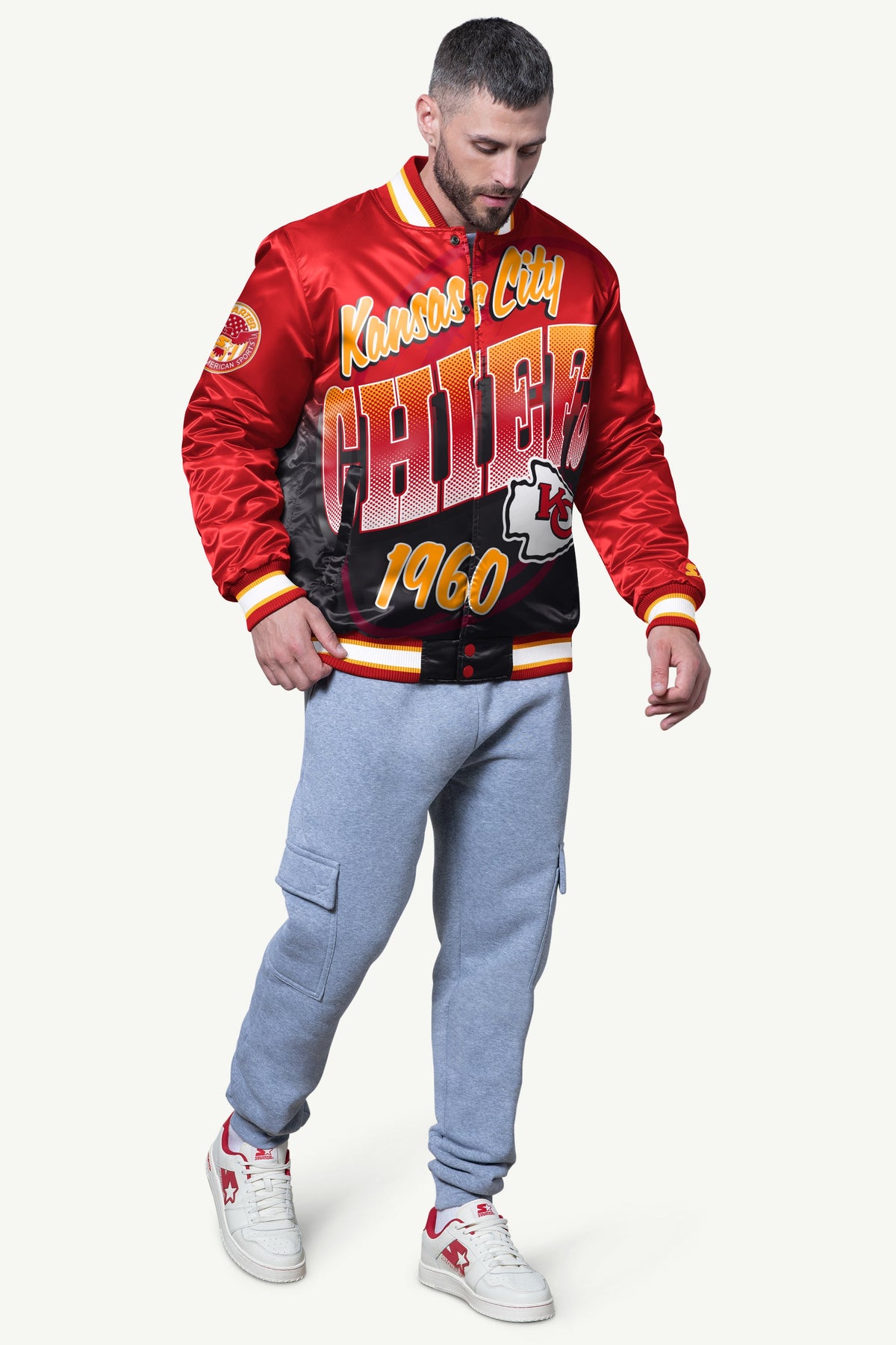 MENS KANSAS CITY CHIEFS PASS RUSH SATIN VARSITY JACKET