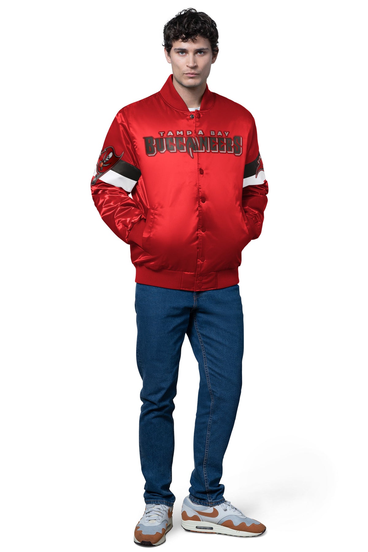 MENS TAMPA BAY BUCCANEERS TRIPLE OPTION SATIN VARSITY JACKET