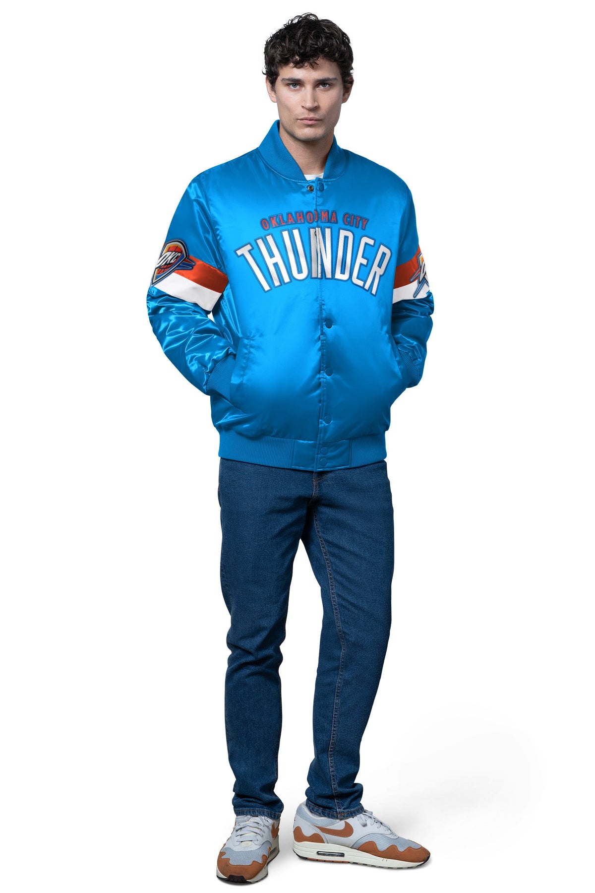 MENS OKLAHOMA CITY THUNDER TRIPLE OPTION SATIN VARSITY JACKET