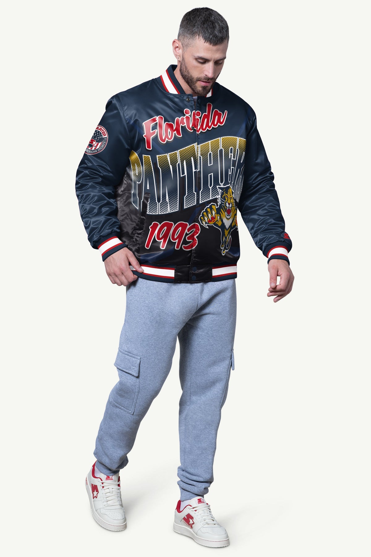 MENS FLORIDA PANTHERS PASS RUSH SATIN VARSITY JACKET