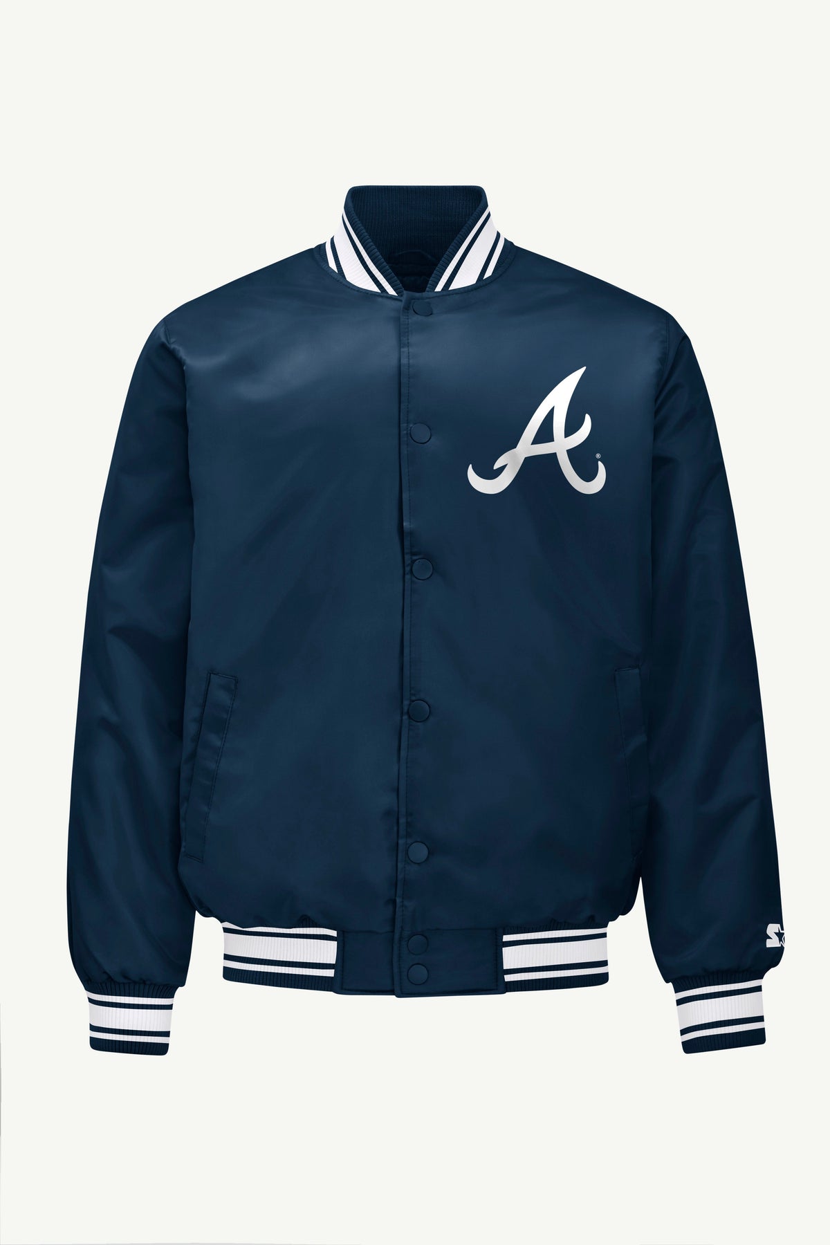 MENS ATLANTA BRAVES PRINTED HOMEPLATE SATIN VARSITY JACKET