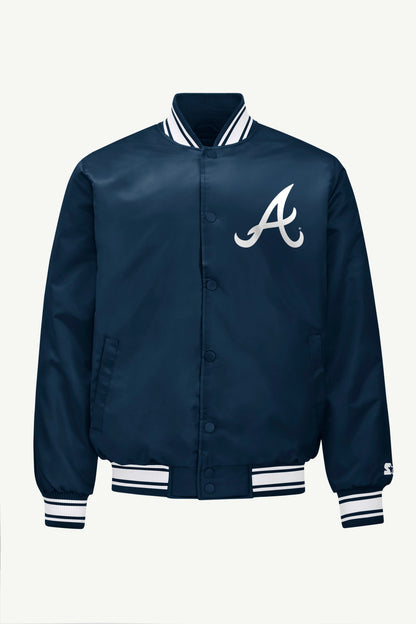 MENS ATLANTA BRAVES PRINTED HOMEPLATE SATIN VARSITY JACKET