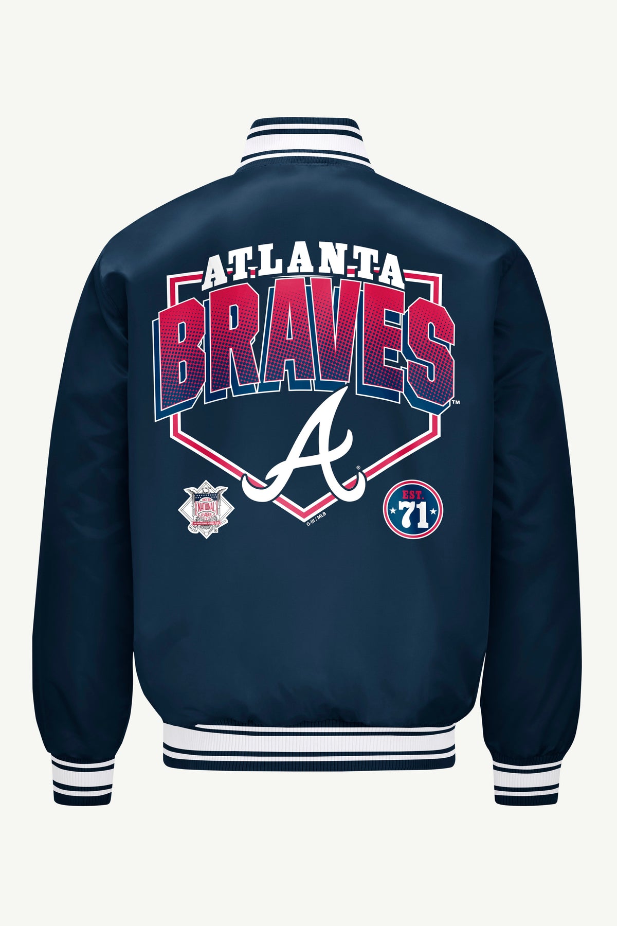 MENS ATLANTA BRAVES PRINTED HOMEPLATE SATIN VARSITY JACKET