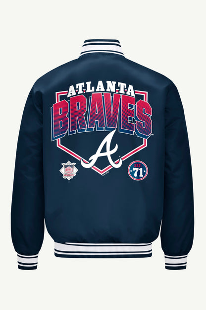 MENS ATLANTA BRAVES PRINTED HOMEPLATE SATIN VARSITY JACKET