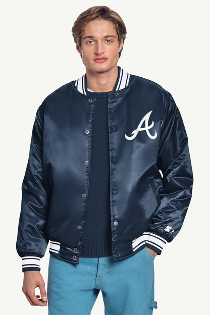 MENS ATLANTA BRAVES PRINTED HOMEPLATE SATIN VARSITY JACKET