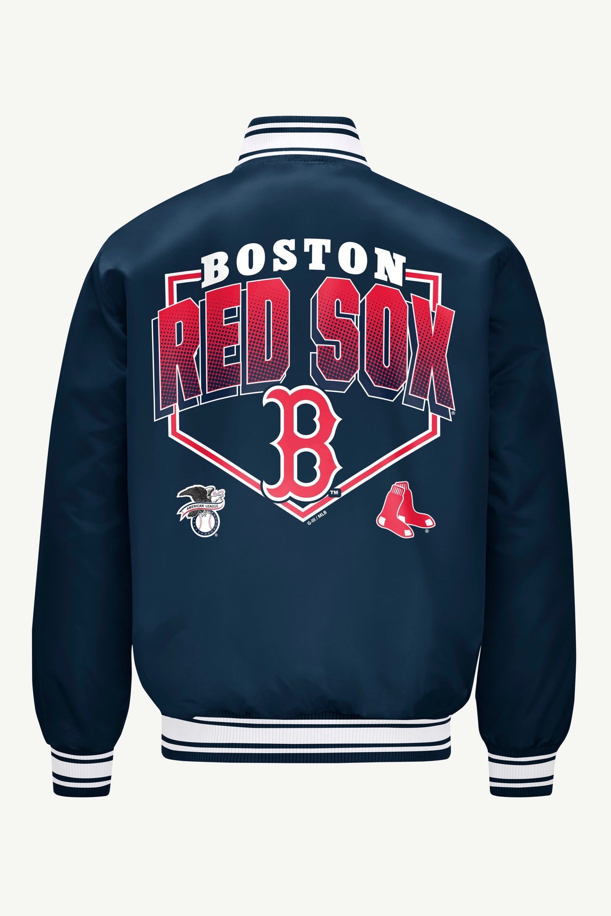 MENS BOSTON RED SOX PRINTED HOMEPLATE SATIN VARSITY JACKET