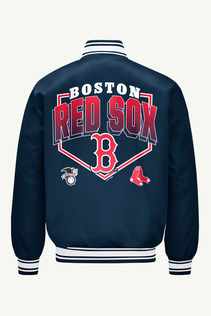 MENS BOSTON RED SOX PRINTED HOMEPLATE SATIN VARSITY JACKET