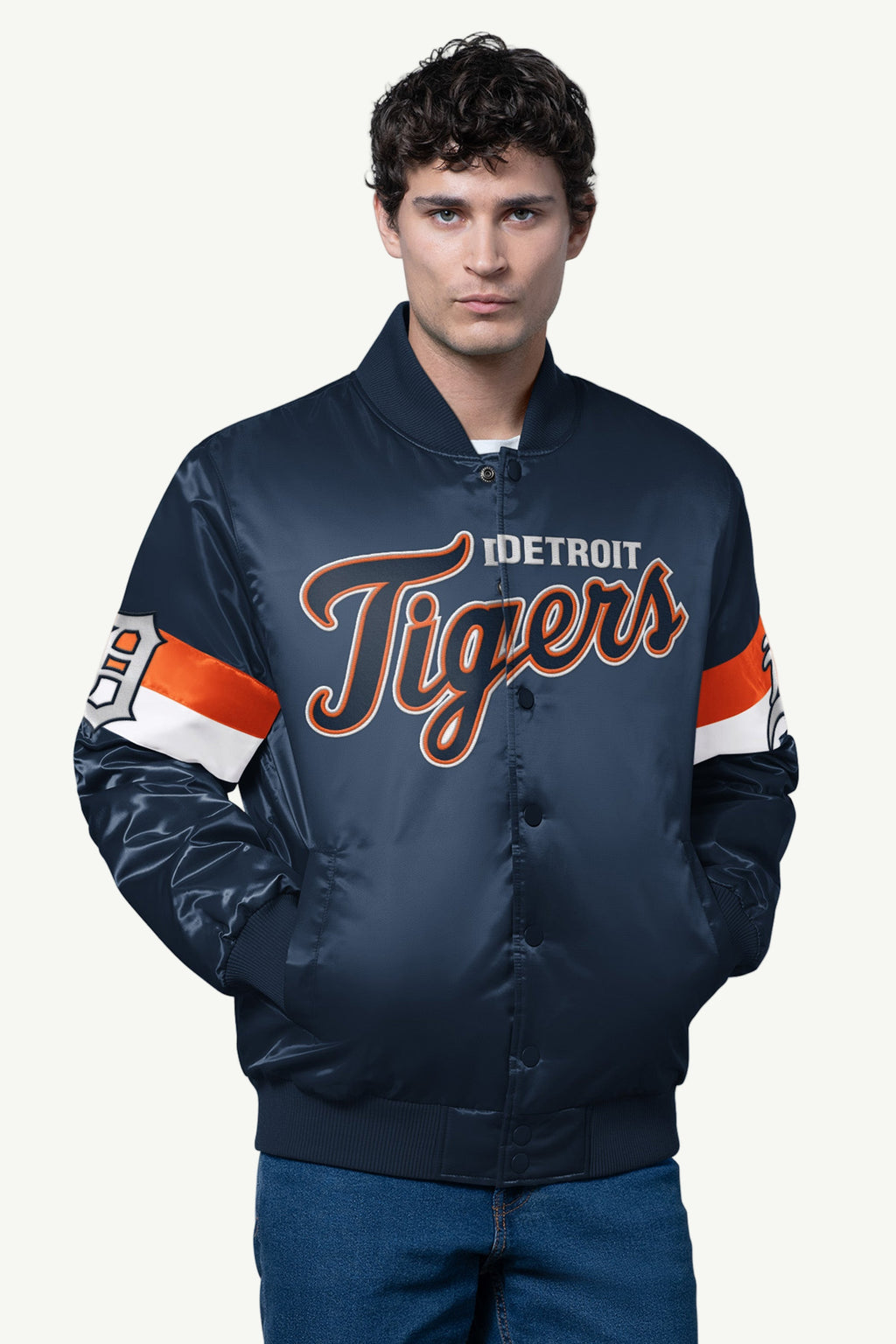 MENS DETROIT TIGERS TRIPLE OPTION SATIN VARSITY JACKET