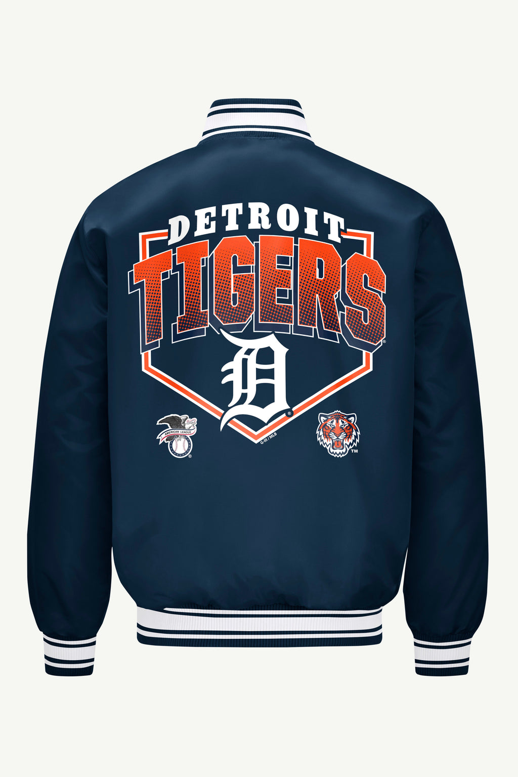 MENS DETROIT TIGERS PRINTED HOMEPLATE SATIN VARSITY JACKET