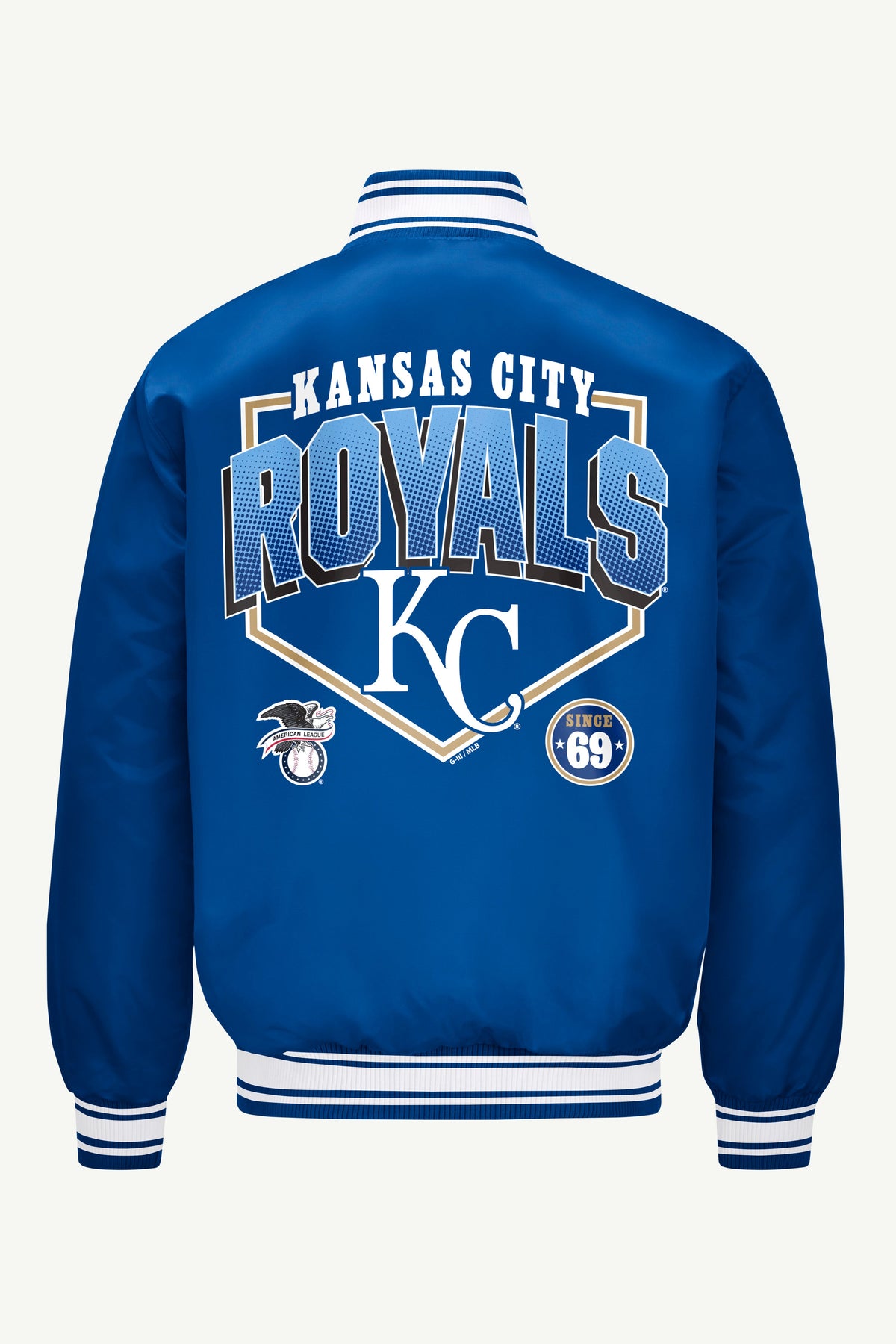 MENS KANSAS CITY ROYALS HOMEPLATE PRINTED GRAPHIC SATIN VARSITY JACKET