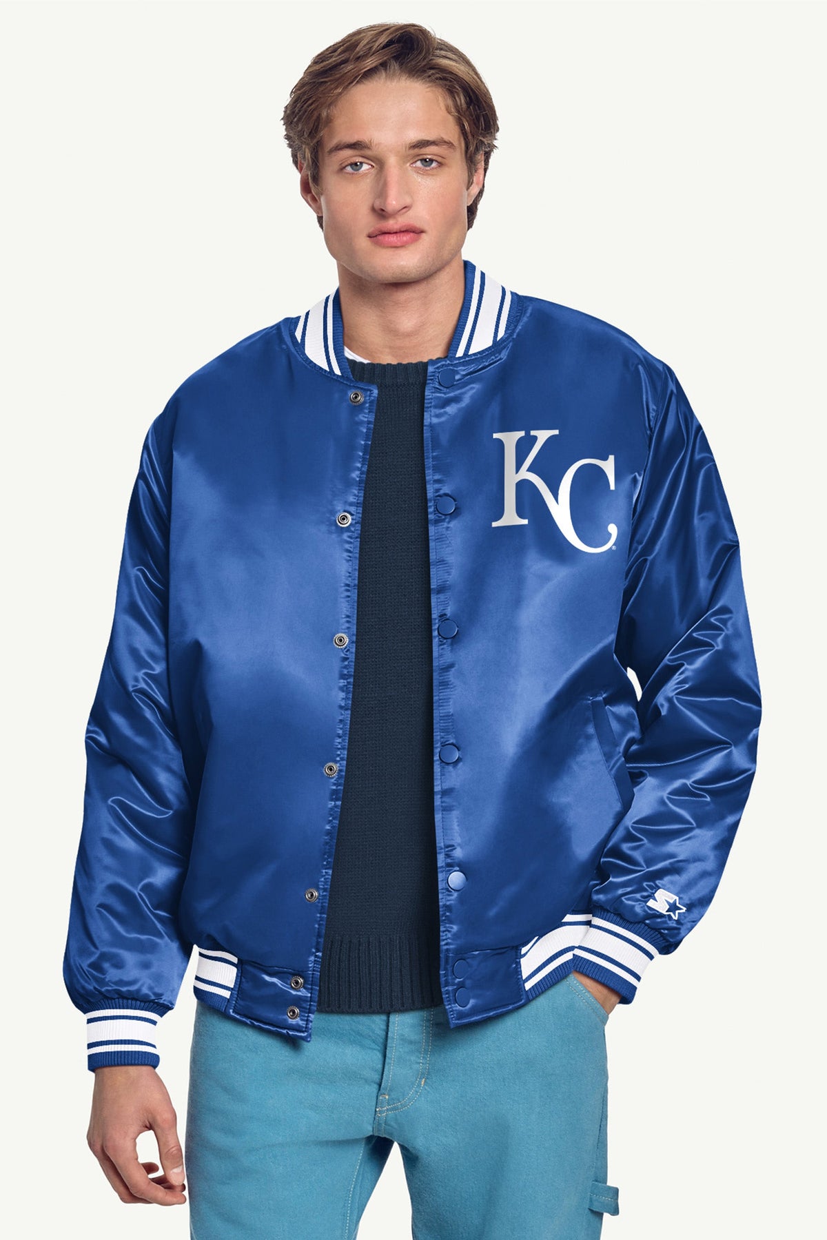 MENS KANSAS CITY ROYALS HOMEPLATE PRINTED GRAPHIC SATIN VARSITY JACKET