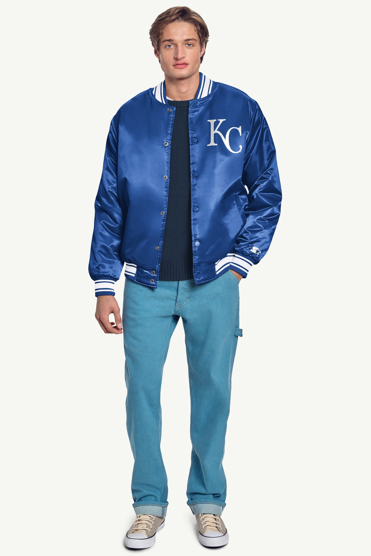 MENS KANSAS CITY ROYALS HOMEPLATE PRINTED GRAPHIC SATIN VARSITY JACKET