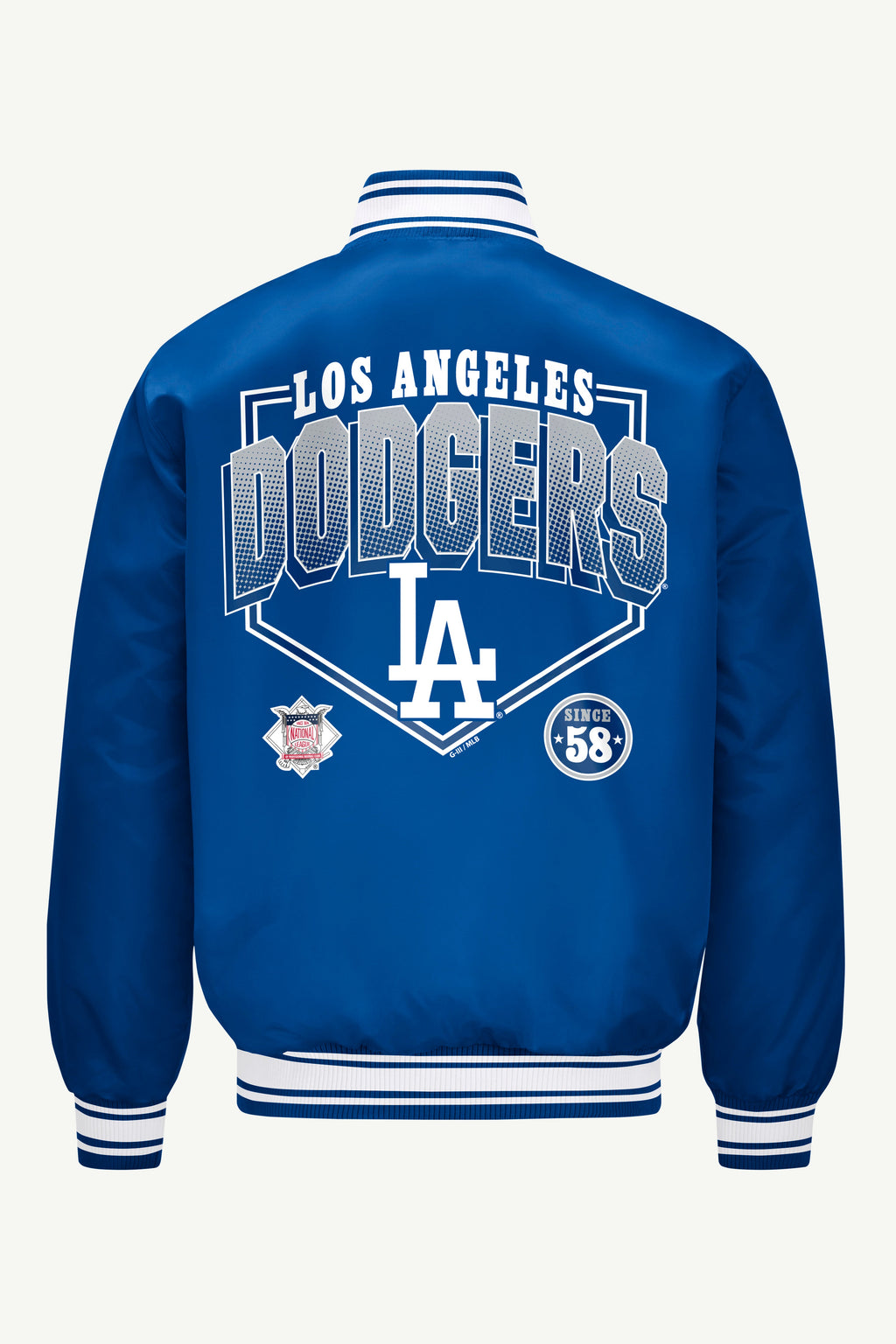 MENS LOS ANGELES DODGERS HOMEPLATE PRINTED GRAPHIC SATIN VARSITY JACKET