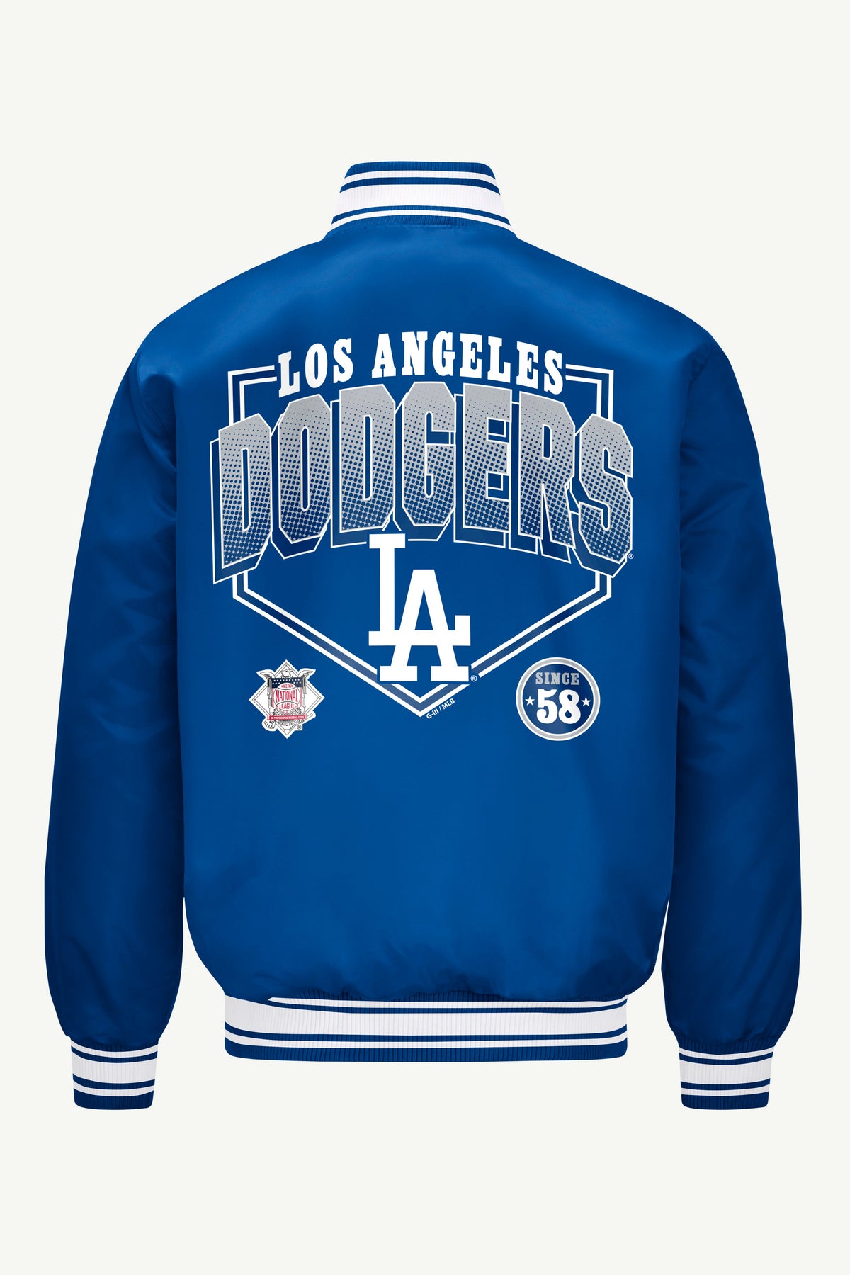 MENS LOS ANGELES DODGERS HOMEPLATE PRINTED GRAPHIC SATIN VARSITY JACKET