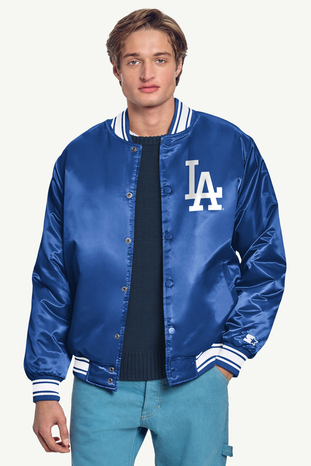 MENS LOS ANGELES DODGERS HOMEPLATE PRINTED GRAPHIC SATIN VARSITY JACKET