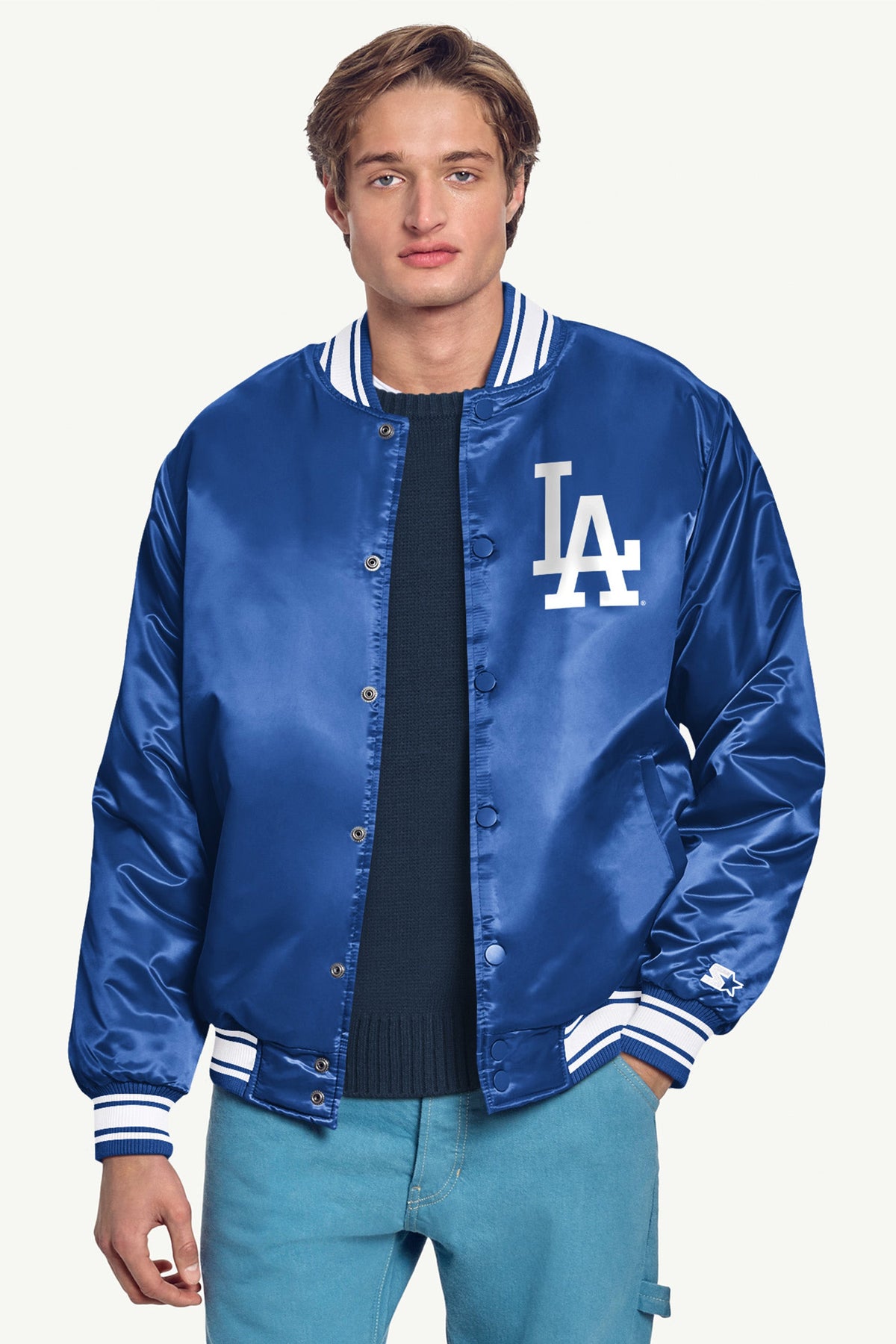 MENS LOS ANGELES DODGERS HOMEPLATE PRINTED GRAPHIC SATIN VARSITY JACKET
