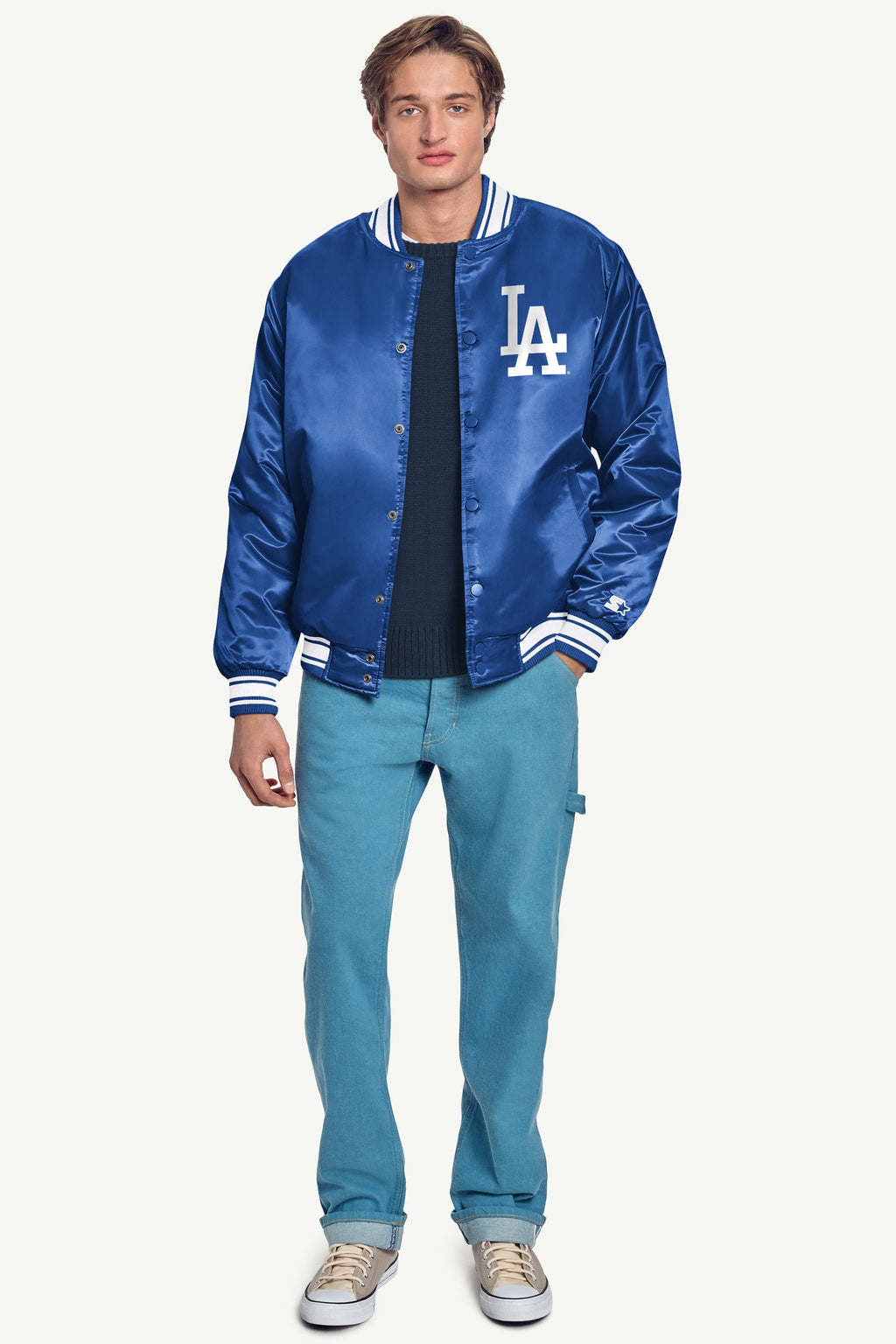 MENS LOS ANGELES DODGERS HOMEPLATE PRINTED GRAPHIC SATIN VARSITY JACKET