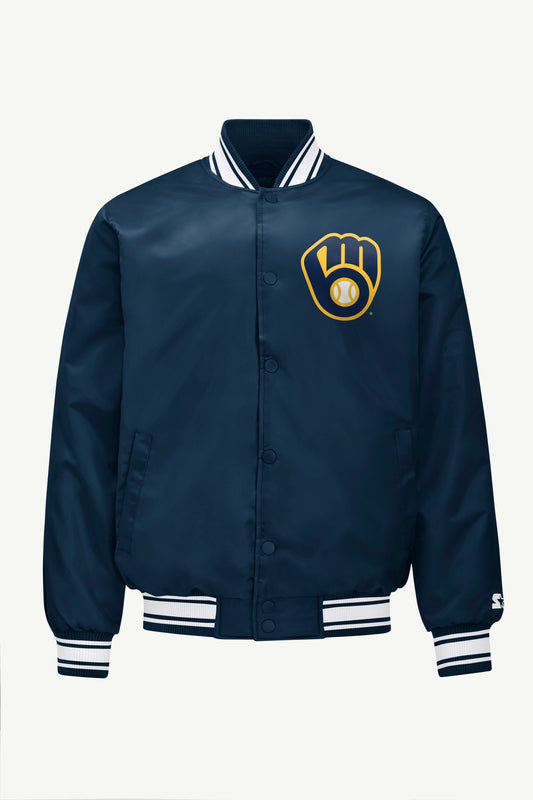 MENS MILWAUKEE BREWERS PRINTED HOMEPLATE SATIN VARSITY JACKET