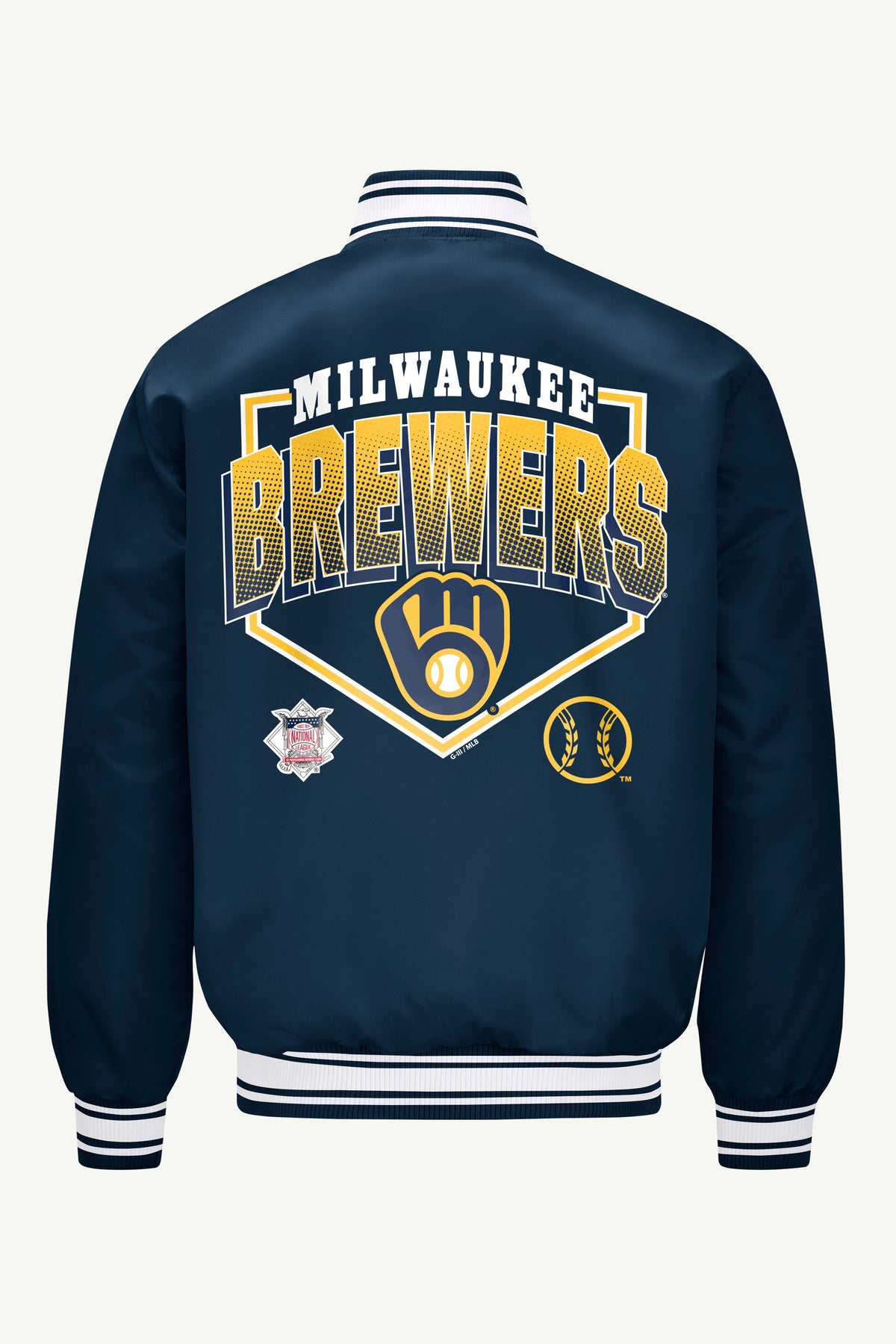MENS MILWAUKEE BREWERS PRINTED HOMEPLATE SATIN VARSITY JACKET