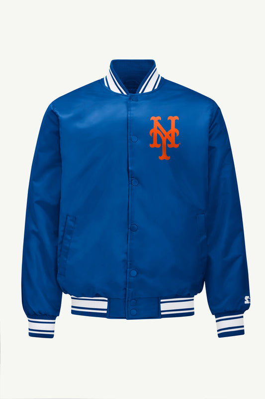 MENS NEW YORK METS HOMEPLATE SATIN VARSITY JACKET