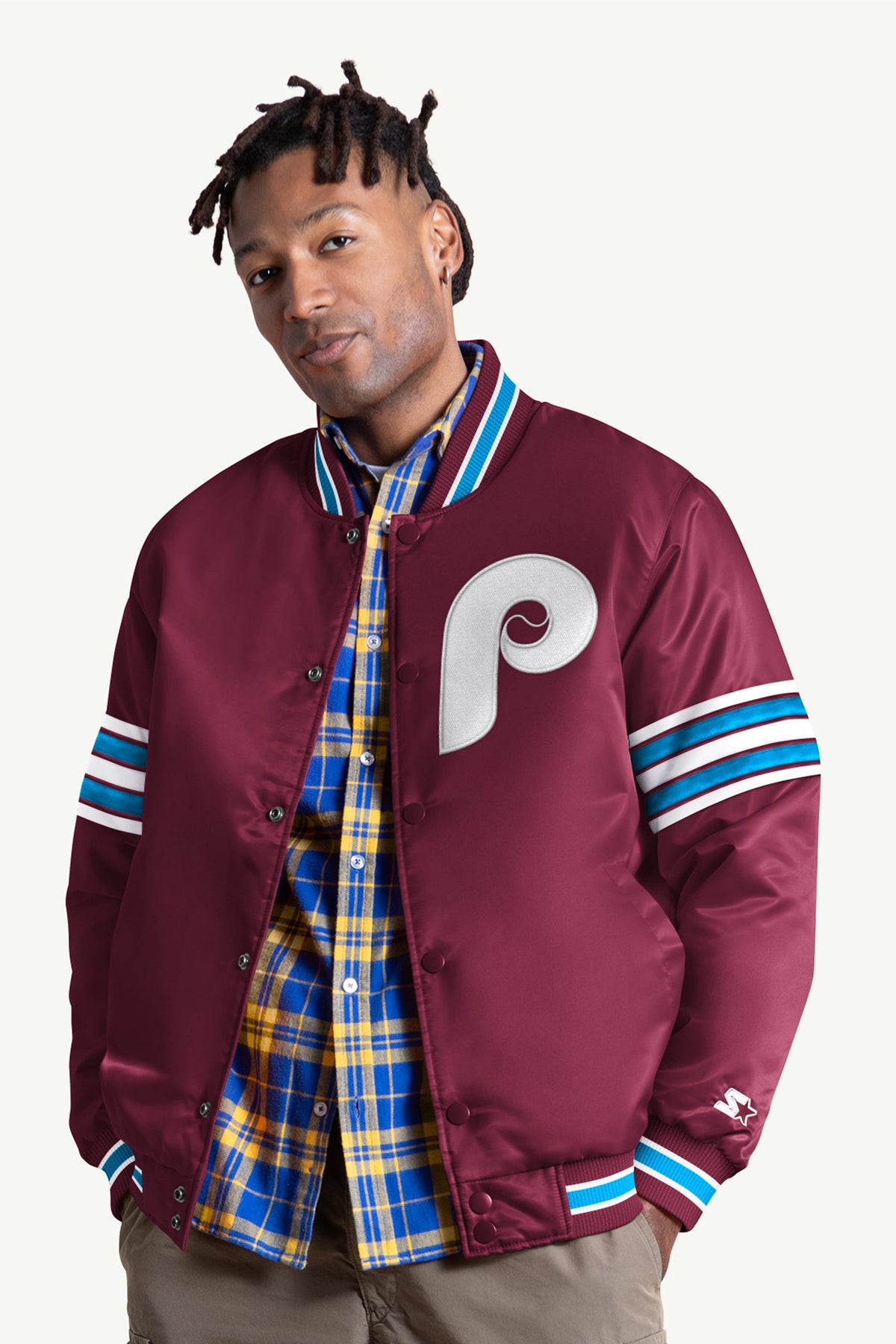 MENS PHILADELPHIA PHILLIES SATIN VARSITY JACKET
