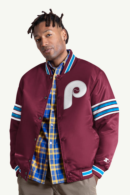MENS PHILADELPHIA PHILLIES SATIN VARSITY JACKET