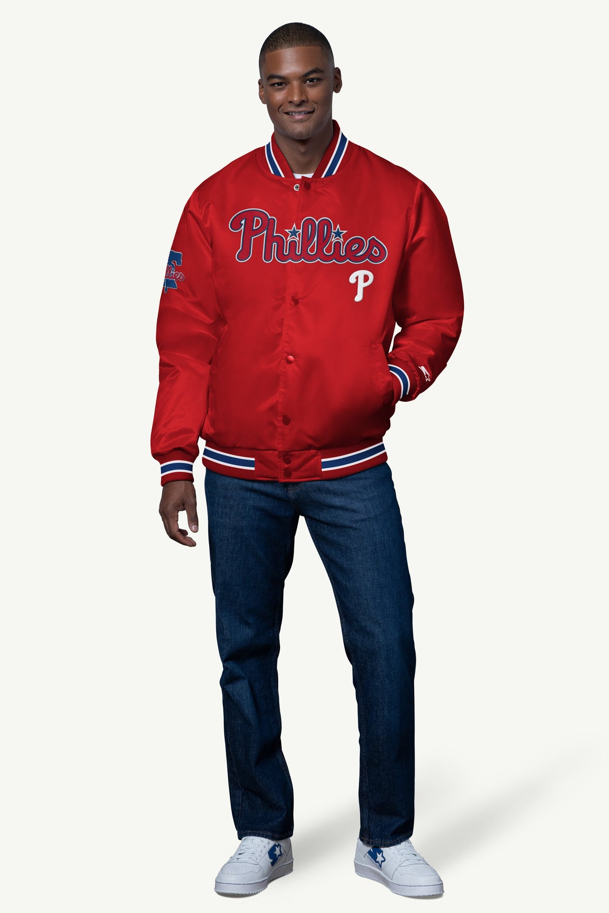 MENS PHILADELPHIA PHILLIES SATIN VARSITY JACKET