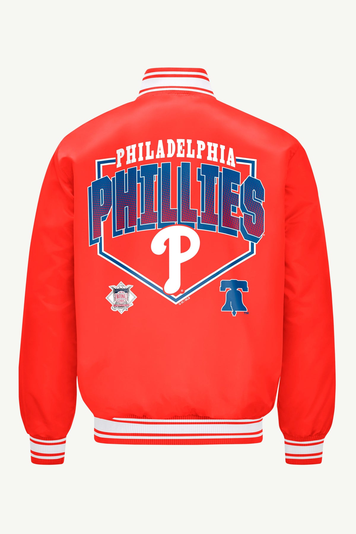 MENS PHILADELPHIA PHILLIES PRINTED HOMEPLATE SATIN VARSITY JACKET
