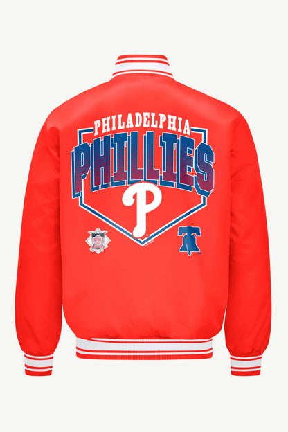 MENS PHILADELPHIA PHILLIES PRINTED HOMEPLATE SATIN VARSITY JACKET