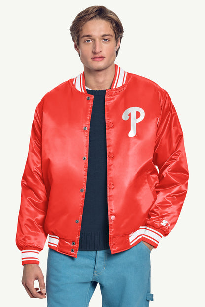 MENS PHILADELPHIA PHILLIES PRINTED HOMEPLATE SATIN VARSITY JACKET
