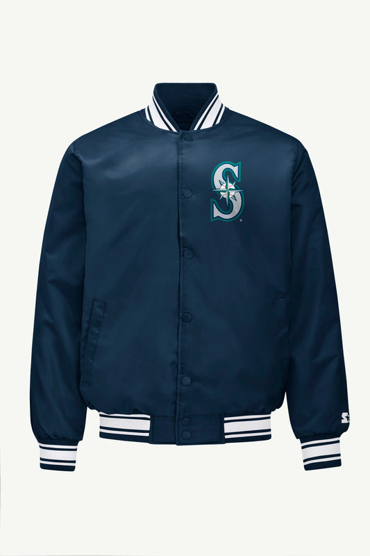 MENS SEATTLE MARINERS PRINTED HOMEPLATE SATIN VARSITY JACKET