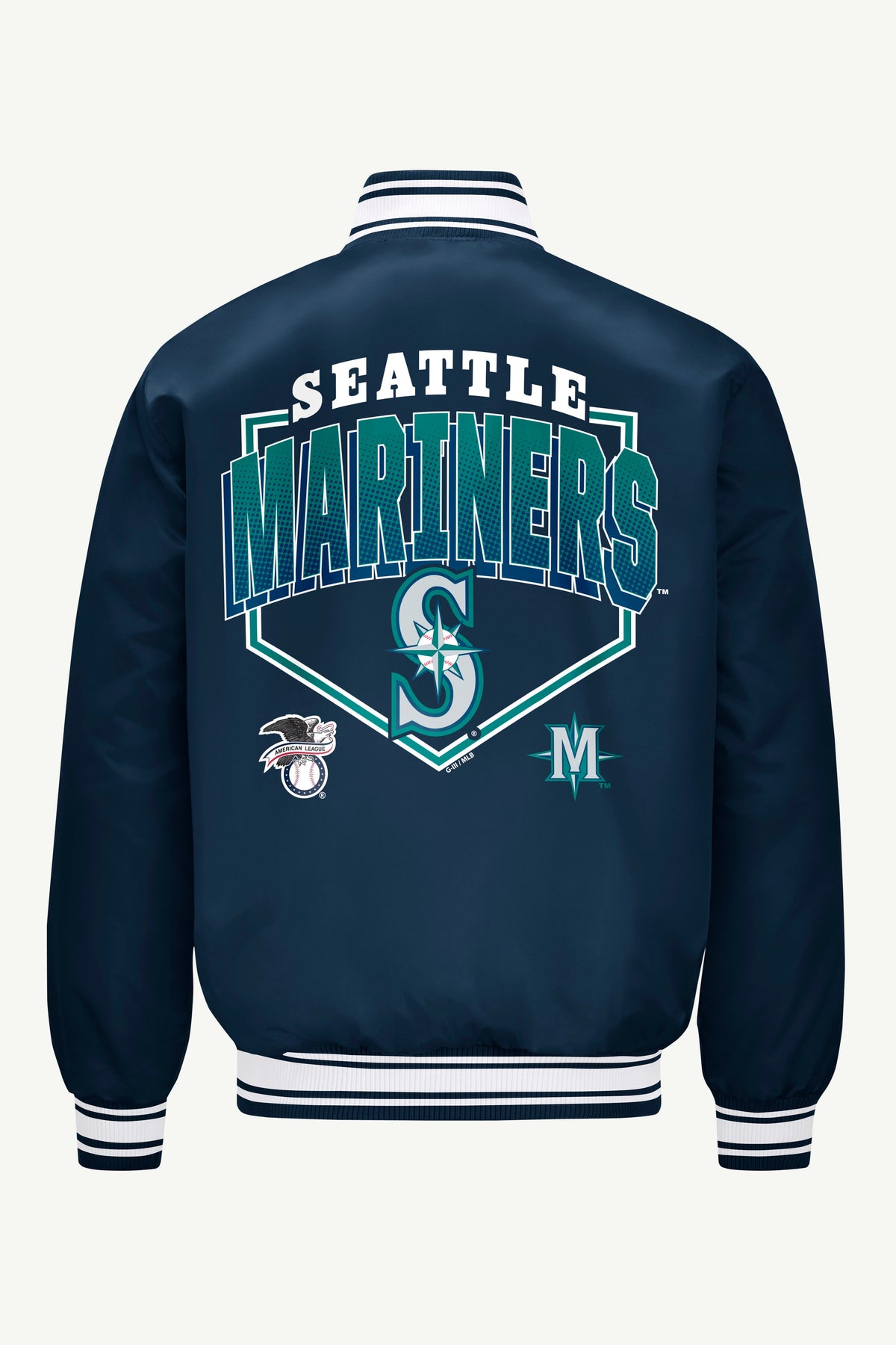 MENS SEATTLE MARINERS PRINTED HOMEPLATE SATIN VARSITY JACKET