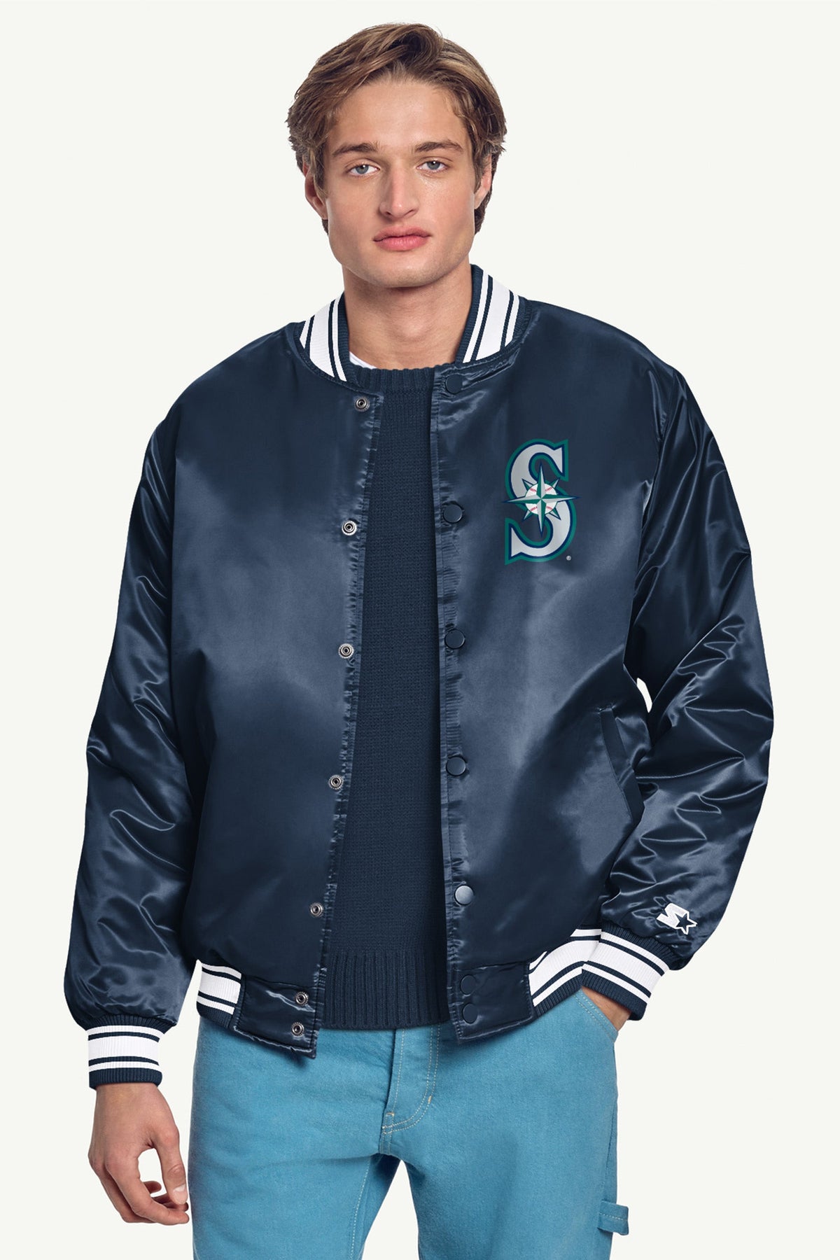 MENS SEATTLE MARINERS PRINTED HOMEPLATE SATIN VARSITY JACKET