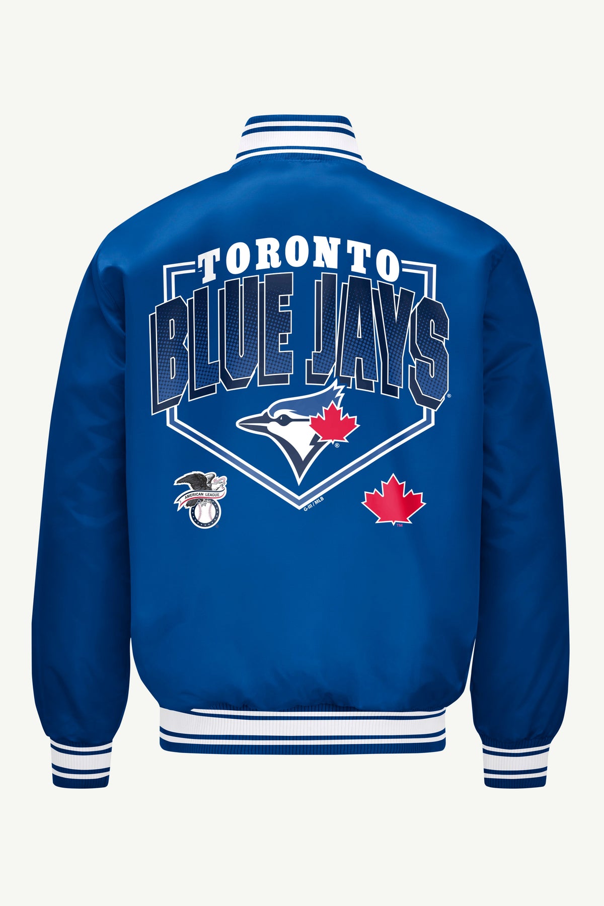 MENS TORONTO BLUE JAYS HOMEPLATE SATIN VARSITY JACKET