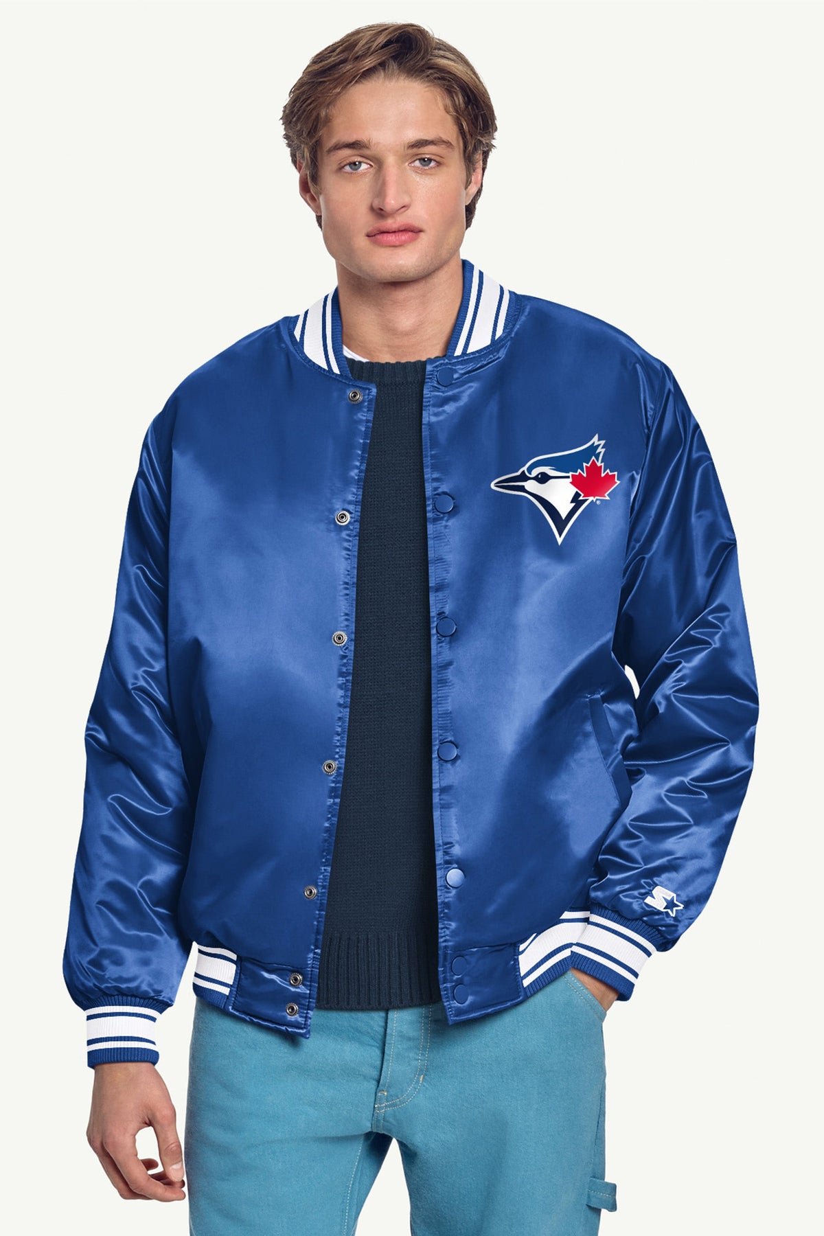 MENS TORONTO BLUE JAYS HOMEPLATE SATIN VARSITY JACKET