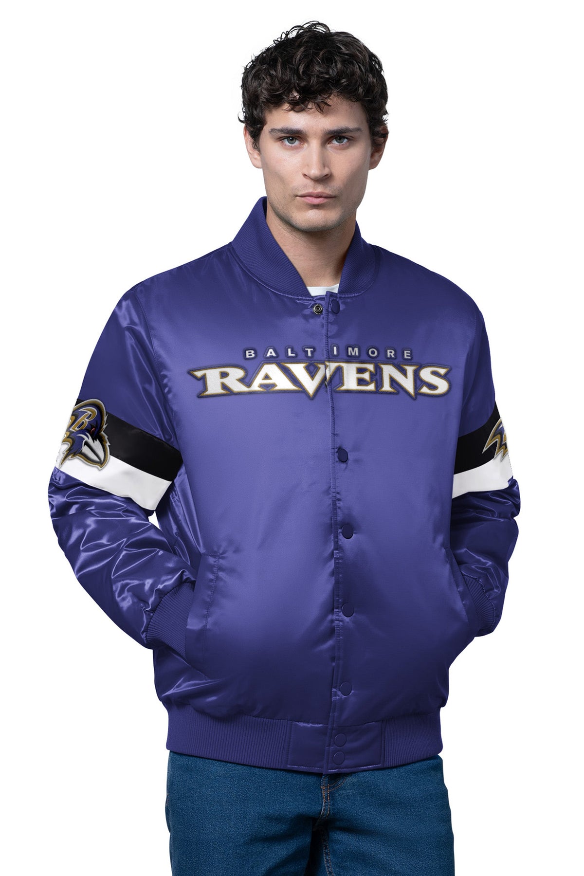 MENS BALTIMORE RAVENS TRIPLE OPTION SATIN VARSITY JACKET