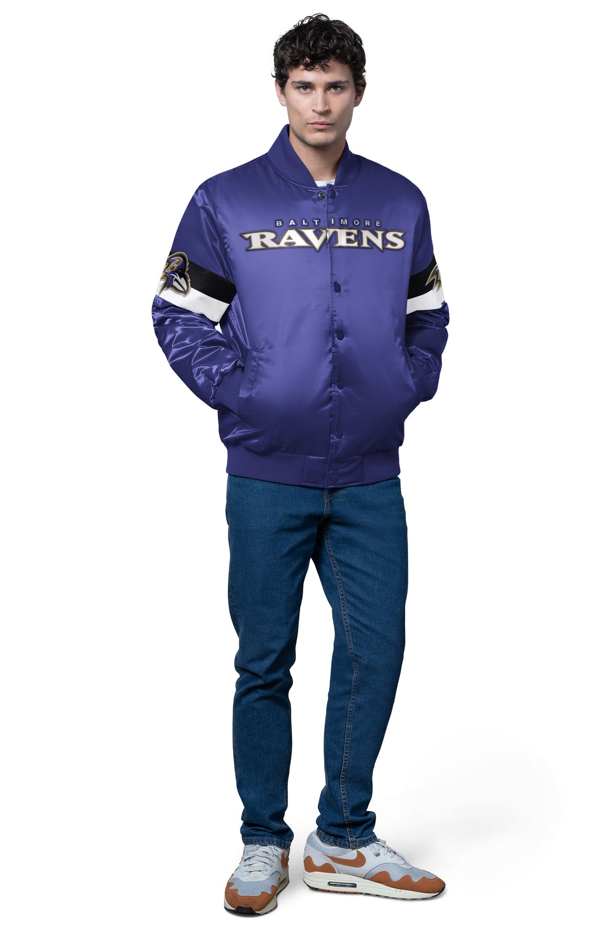 MENS BALTIMORE RAVENS TRIPLE OPTION SATIN VARSITY JACKET