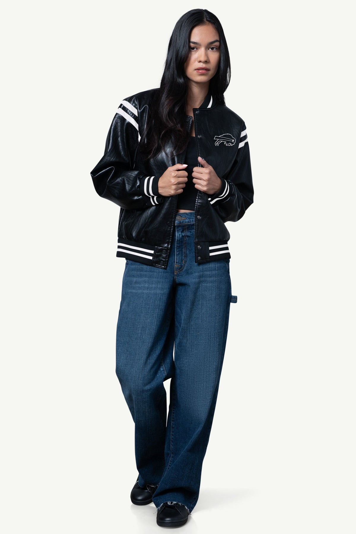 WOMENS BUFFALO BILLS FAUX LEATHER VARSITY JACKET