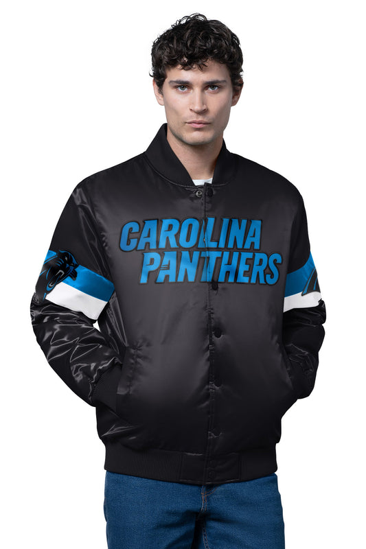 MENS CAROLINA PANTHERS TRIPLE OPTION SATIN VARSITY JACKET