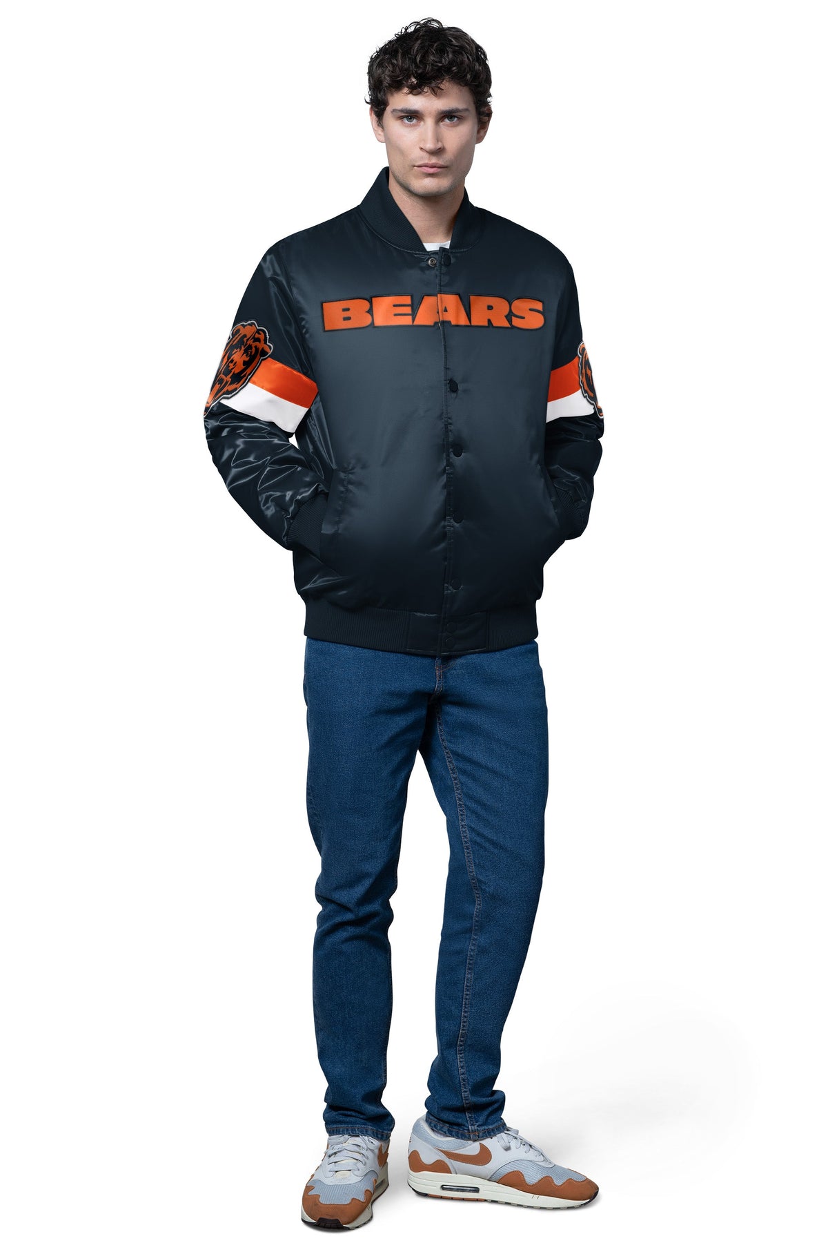 MENS CHICAGO BEARS TRIPLE OPTION SATIN VARSITY JACKET