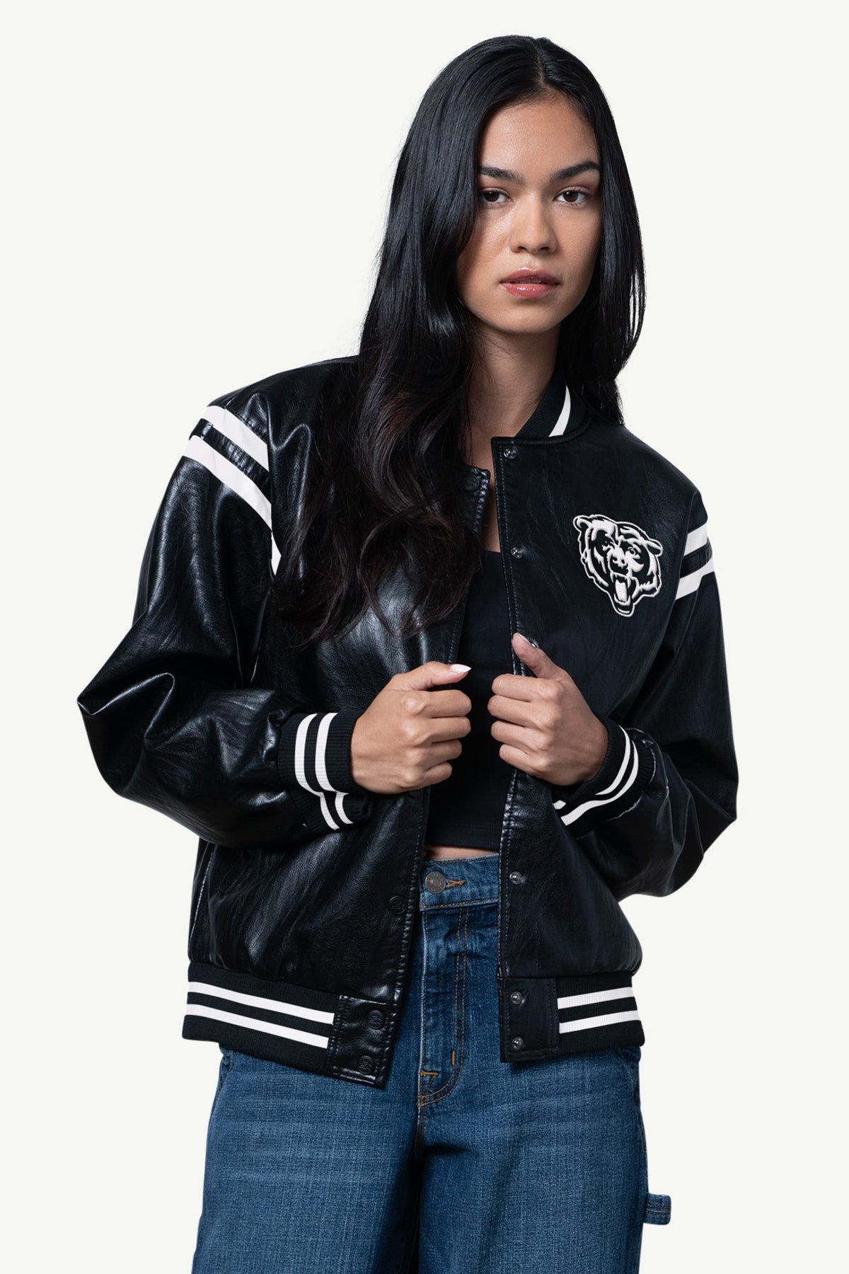 WOMENS CHICAGO BEARS FAUX LEATHER VARSITY JACKET