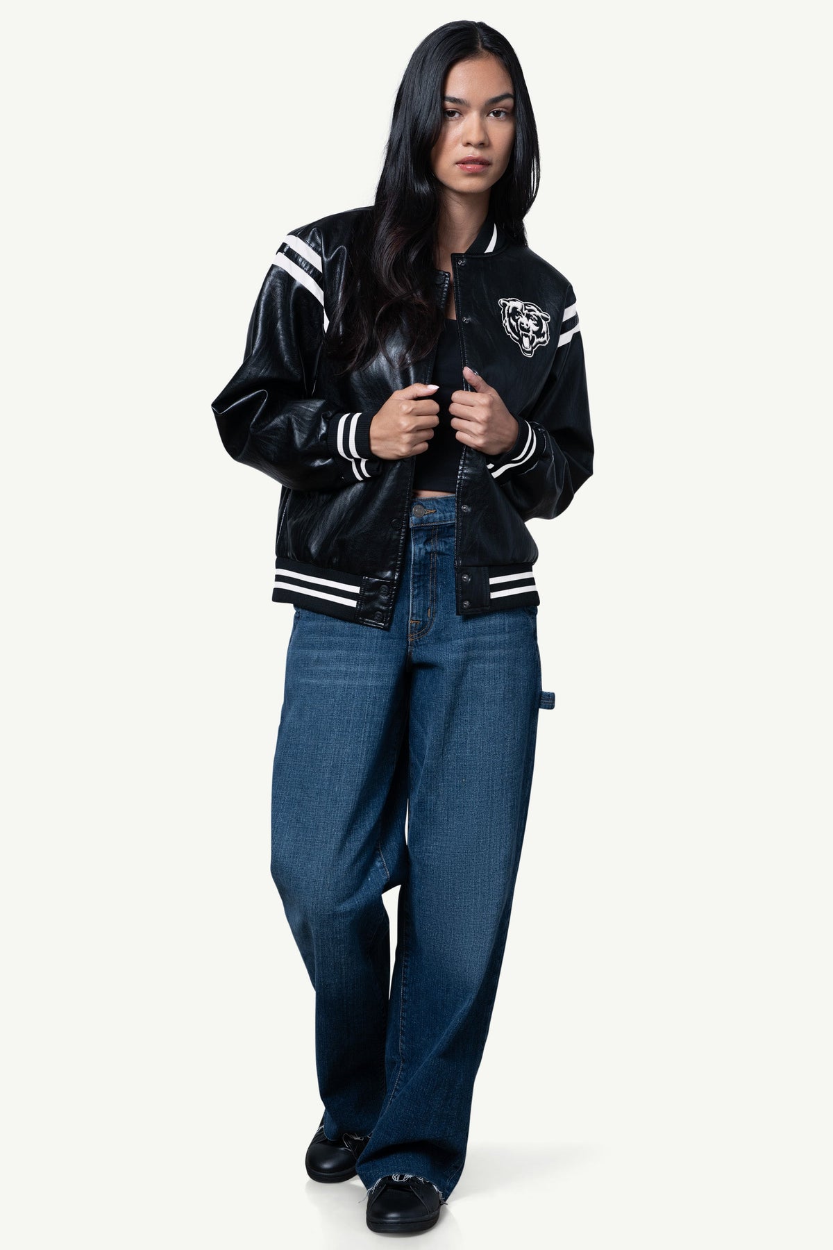 WOMENS CHICAGO BEARS FAUX LEATHER VARSITY JACKET