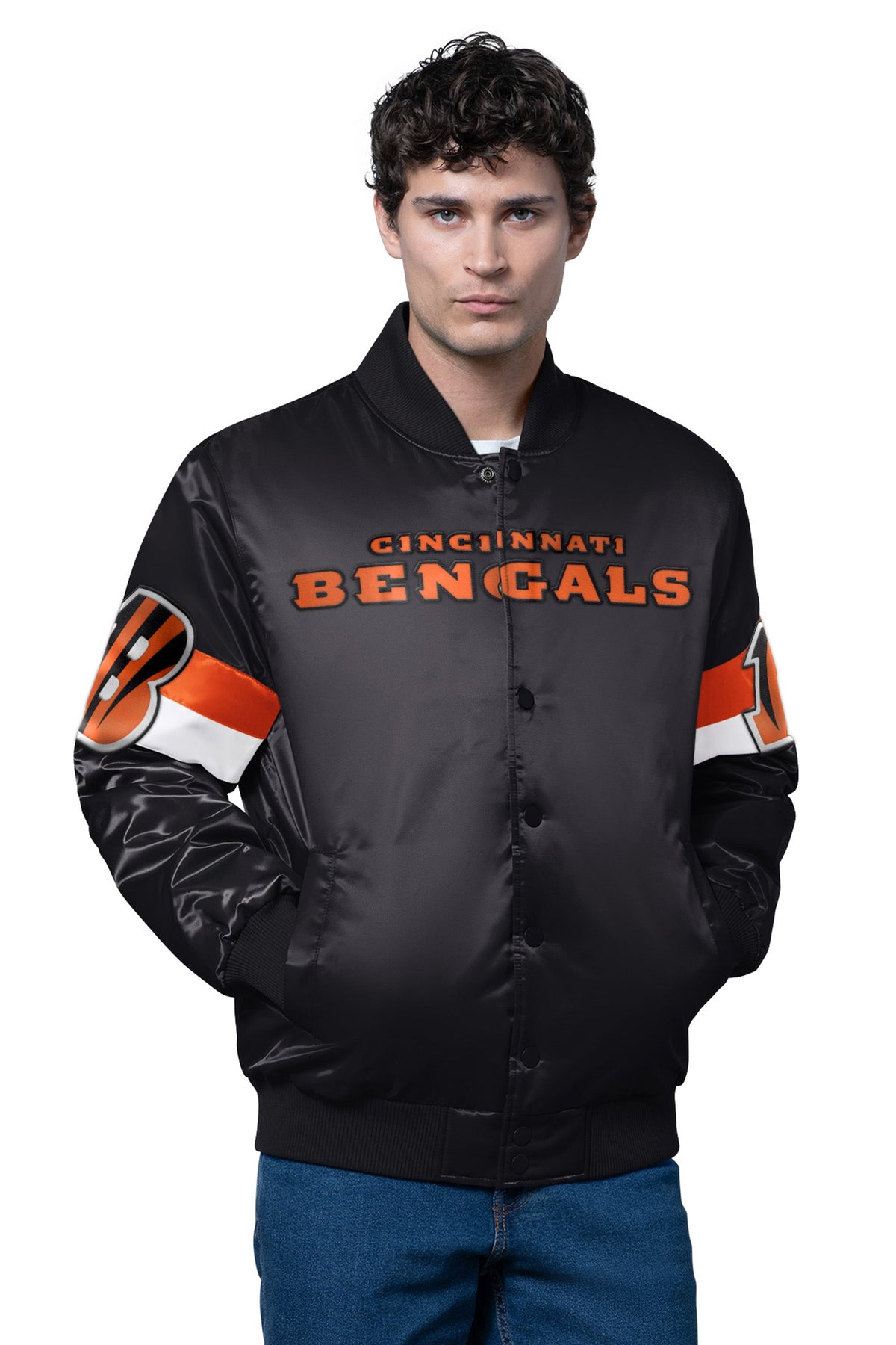 MENS CINCINNATI BENGALS TRIPLE OPTION SATIN VARSITY JACKET