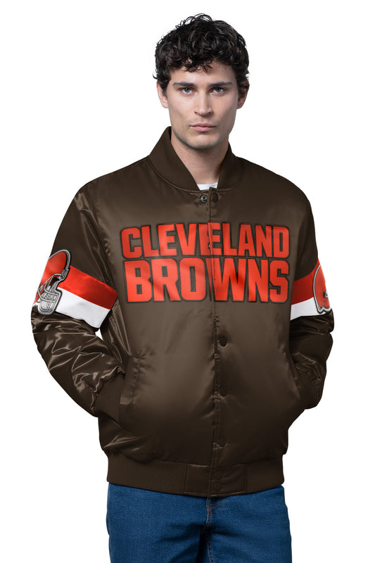MENS CLEVELAND BROWNS TRIPLE OPTION SATIN VARSITY JACKET