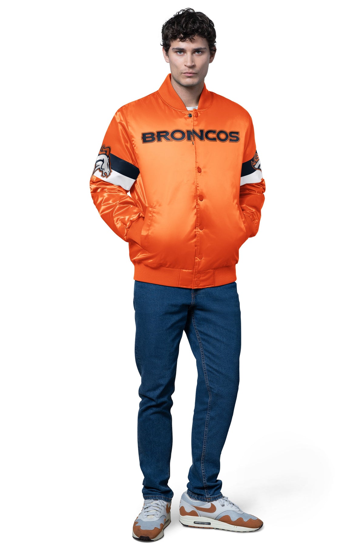 MENS DENVER BRONCOS TRIPLE OPTION SATIN VARSITY JACKET