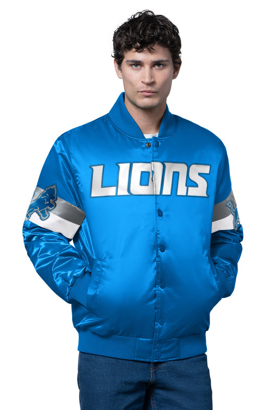 MENS DETROIT LIONS TRIPLE OPTION SATIN VARSITY JACKET