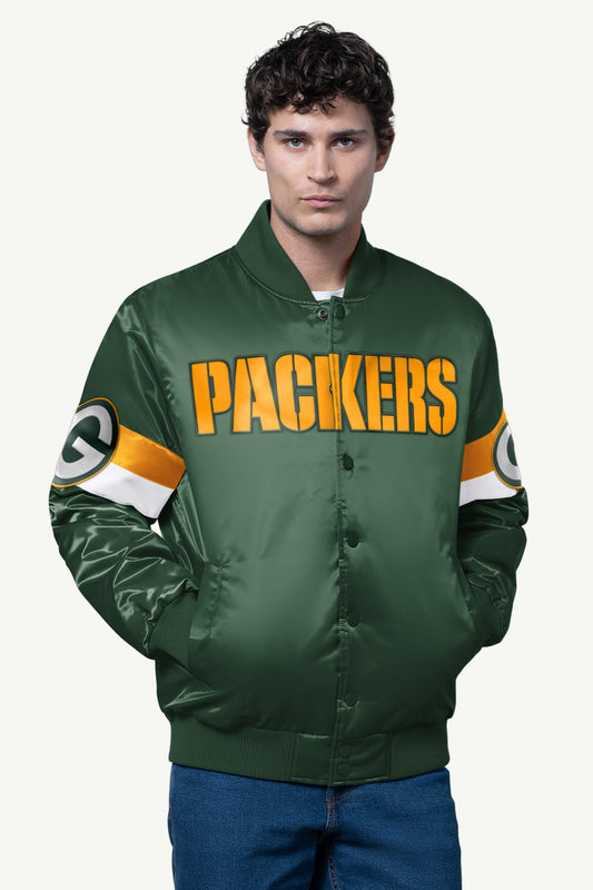 MENS GREEN BAY PACKERS TRIPLE OPTION SATIN VARSITY JACKET