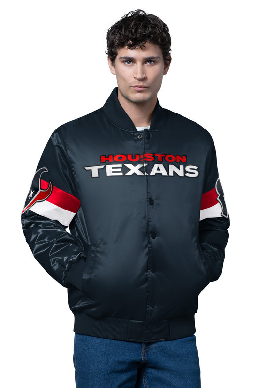 MENS HOUSTON TEXANS TRIPLE OPTION SATIN VARSITY JACKET