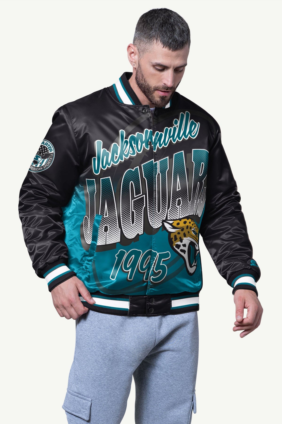 MENS JACKSONVILLE JAGUARS PASS RUSH SATIN VARSITY JACKETS