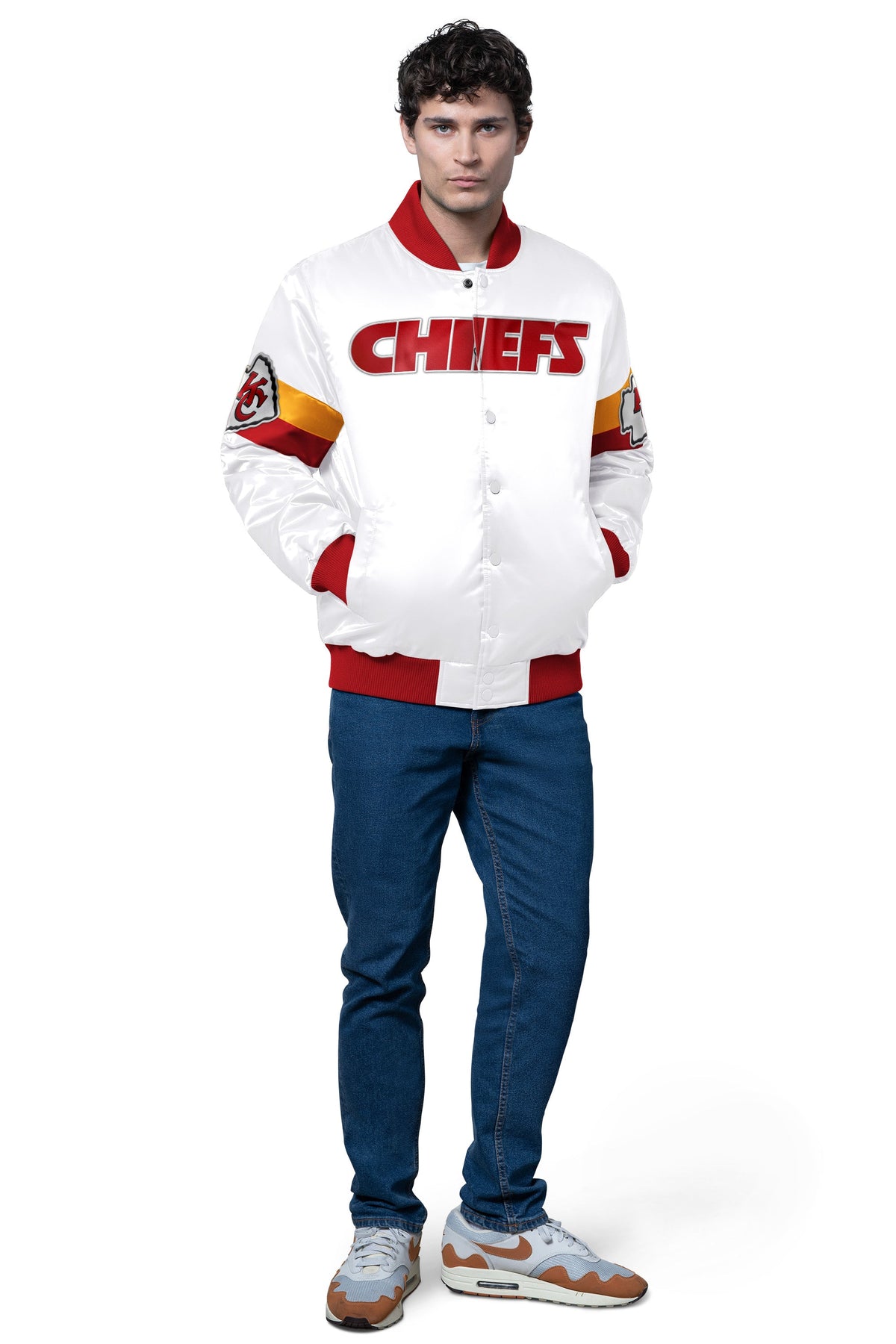 MENS KANSAS CITY CHIEFS TRIPLE OPTION SATIN VARSITY JACKET